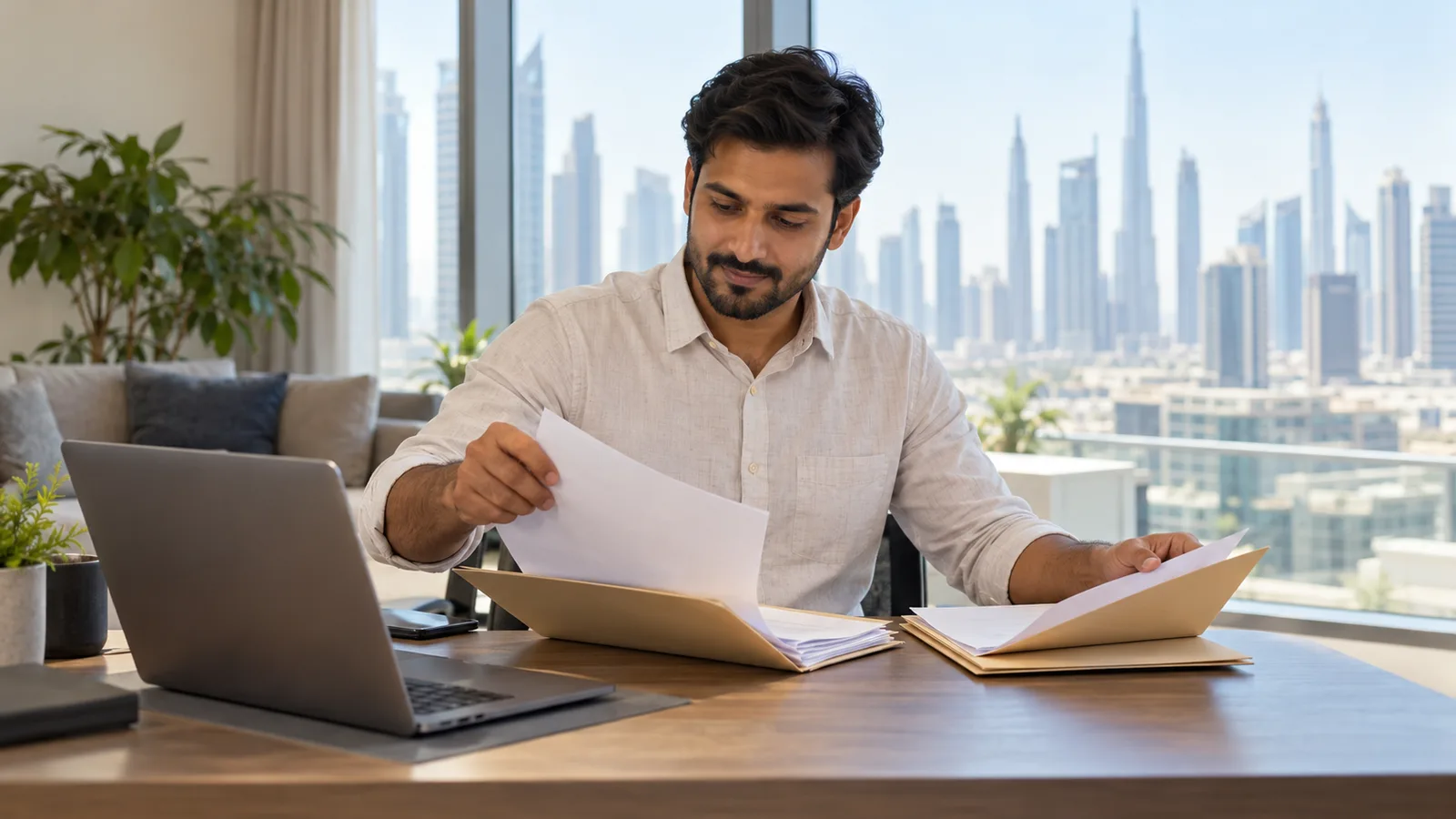 A South Asian professional sorts papers into folders beside a laptop in a bright Dubai apartment overlooking city towers.