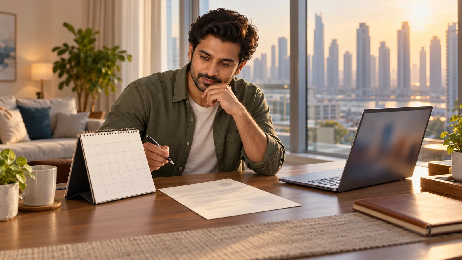 A professional reviews a calendar and certificate beside a laptop in a sunlit Dubai apartment.