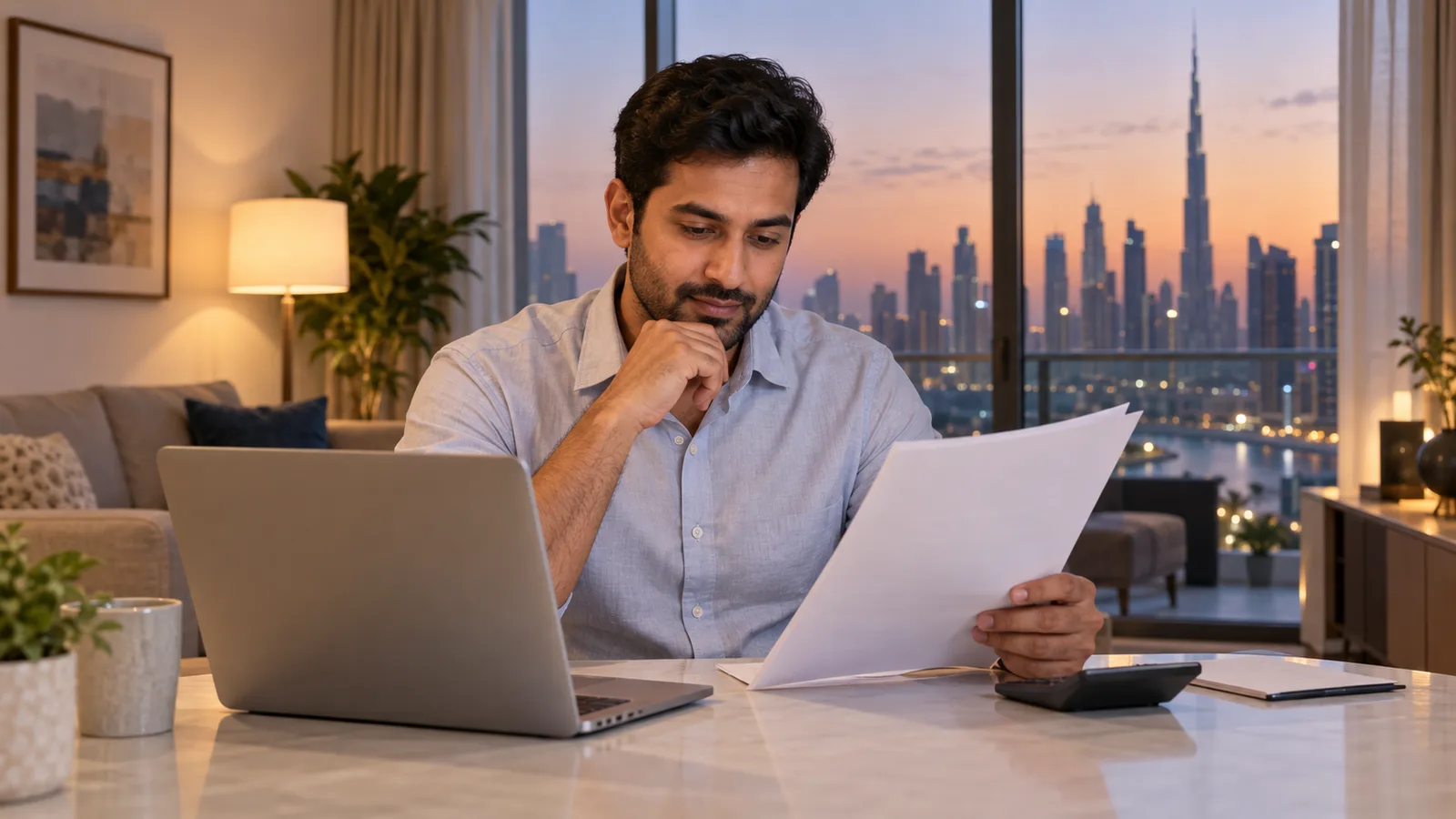 A professional reviews papers beside a laptop and calculator at home, with Dubai's skyline visible at dusk.