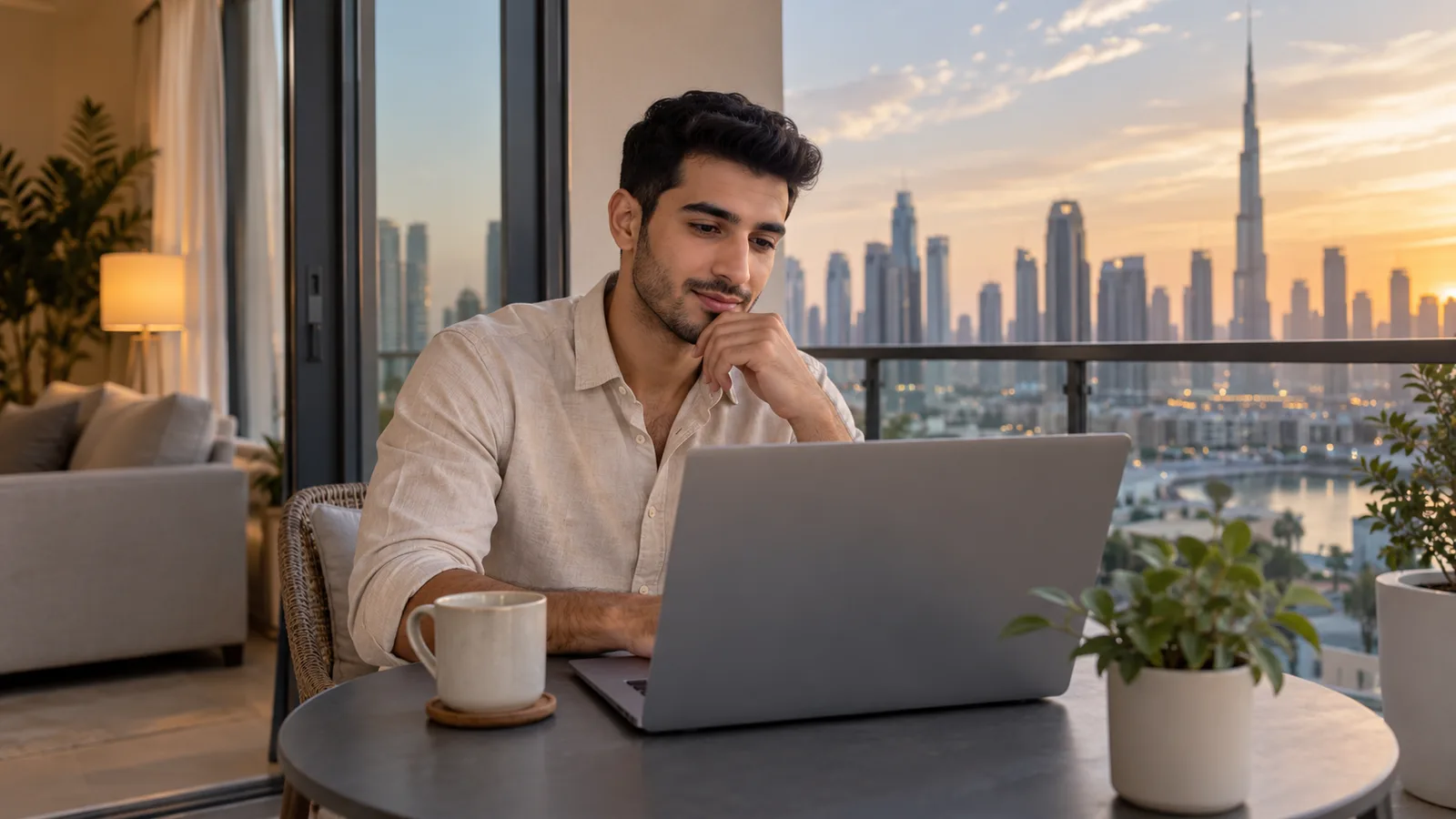 An Arab professional researches Australian migration opportunities in a Dubai apartment.