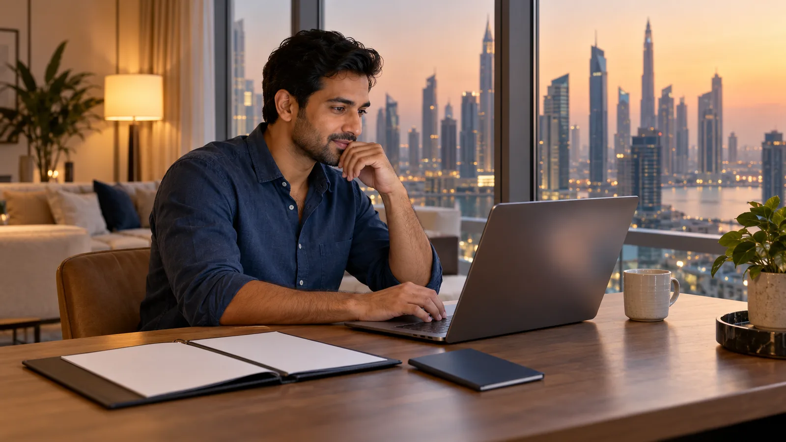 A South Asian professional checks his laptop beside papers and a travel booklet in a Dubai apartment at dusk.