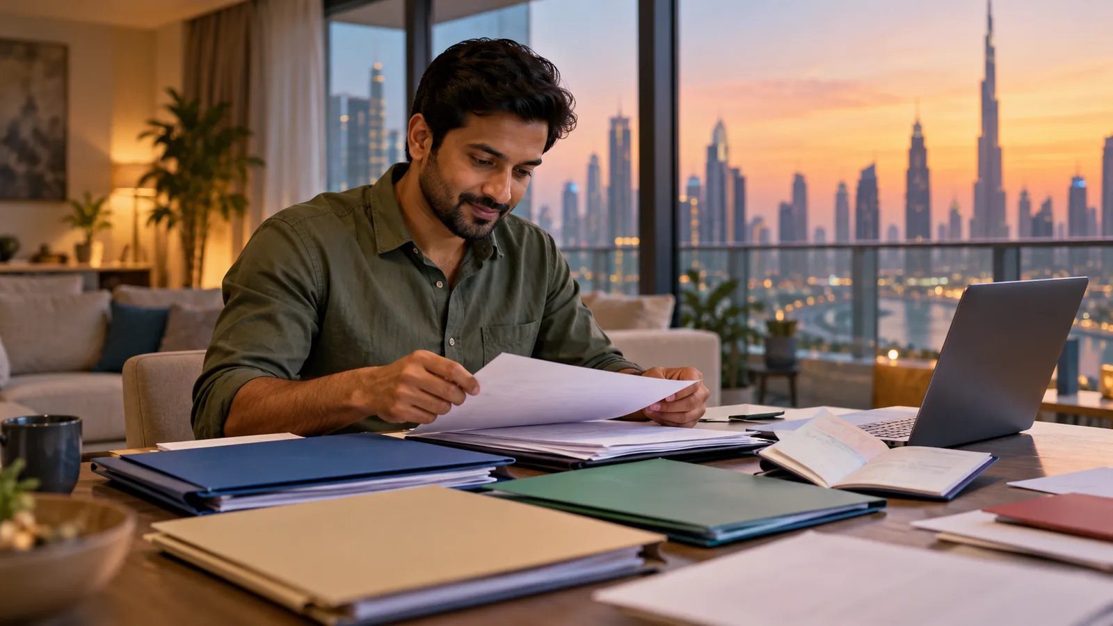 A South Asian professional sorts document folders beside a laptop and open passport in his Dubai apartment at dusk.