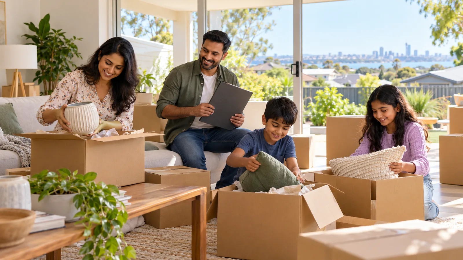 A South Asian family unpacks moving boxes in their sunny Perth home, with the father holding a closed folder.