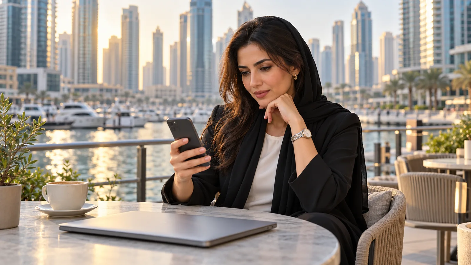 An Arab professional checks her phone at a Dubai Marina café, with coffee and a closed laptop beside her.