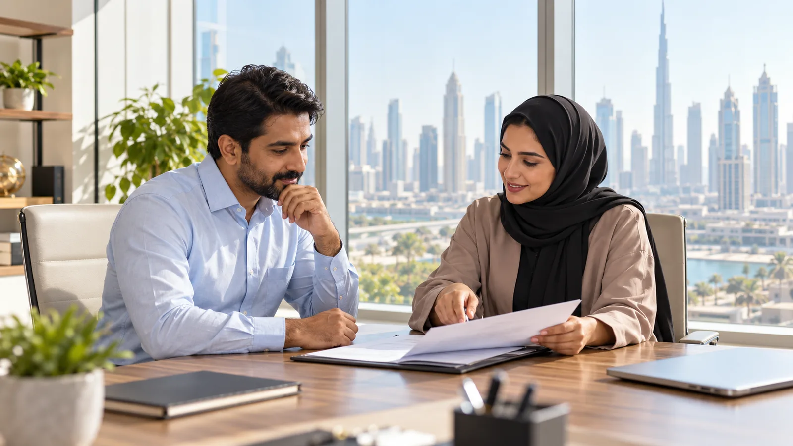 A South Asian professional reviews settlement papers with an HR colleague in a bright Dubai office.