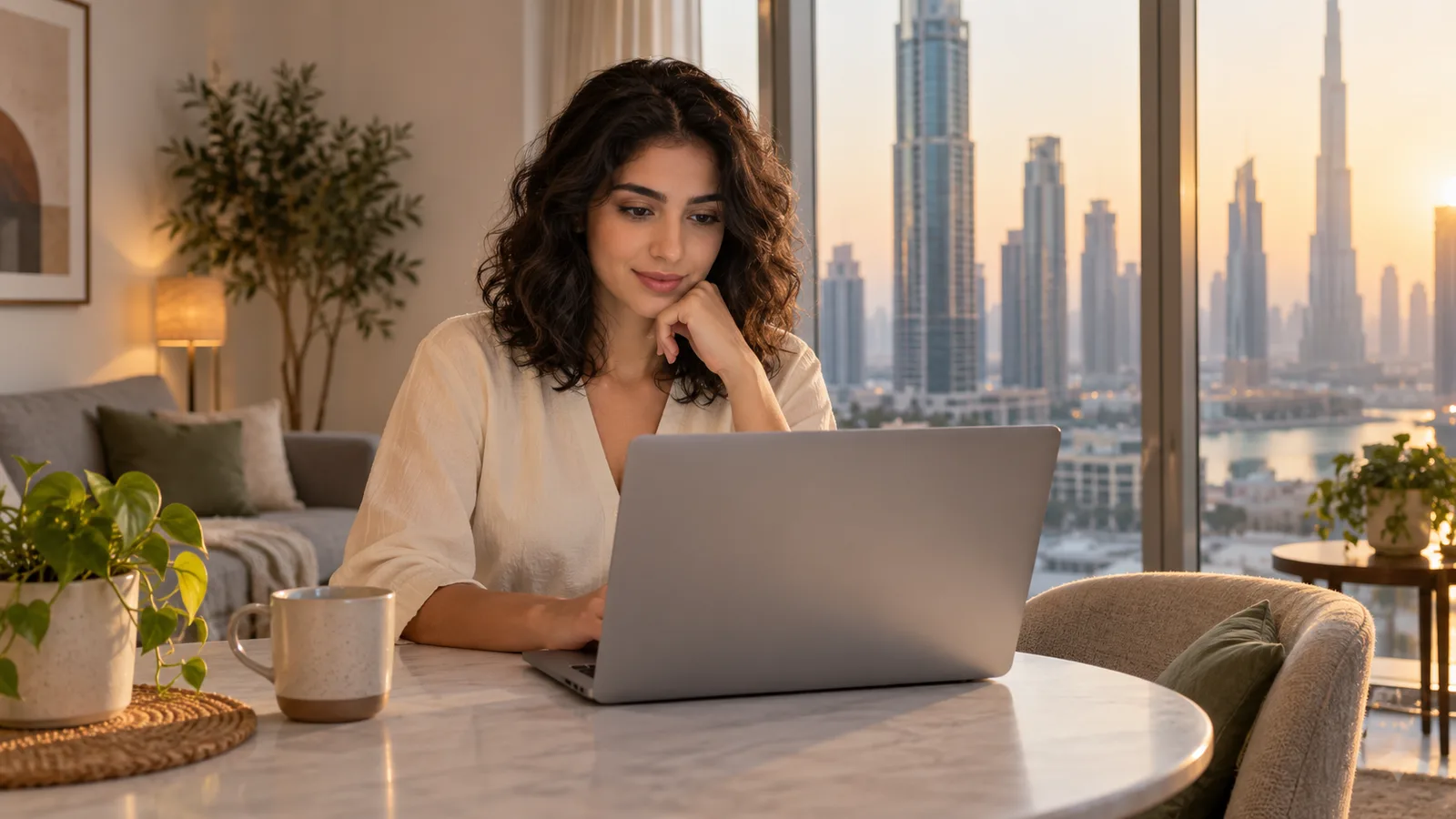 An Arab professional researches Australian study options on a laptop in a Dubai apartment.